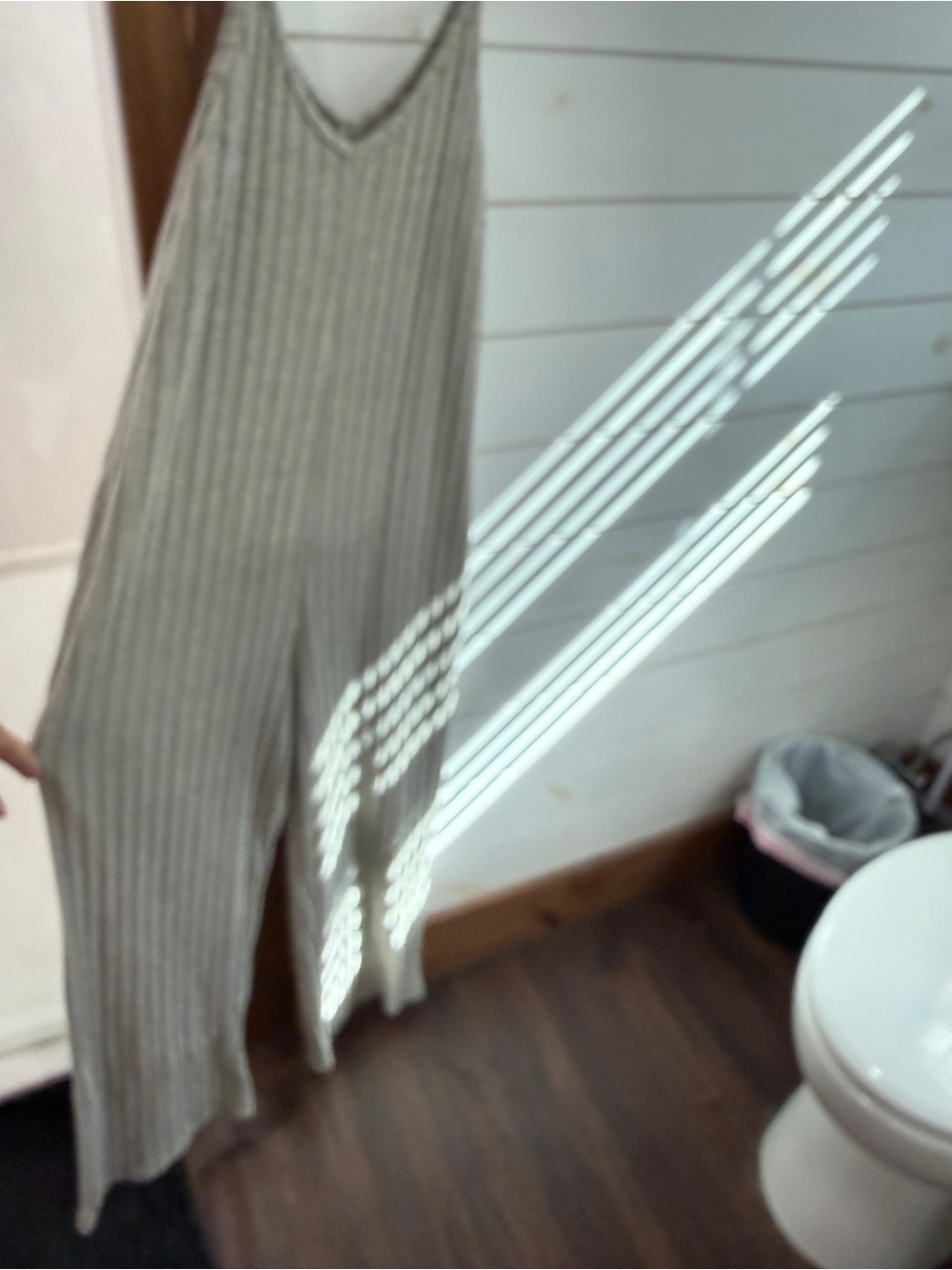 Striped Light Gray V-Neck Wide-Leg Jumpsuit